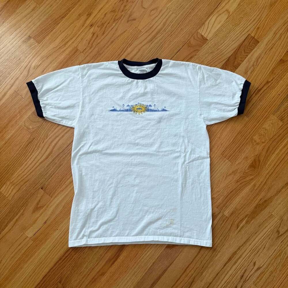 Anvil Twisted Tea Ringer T-Shirt Size L White Navy Graphic Tee